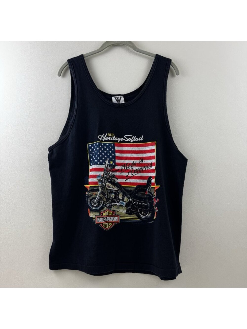 Vintage SSI Mens Graphic Print Harley Tank Size L Faded Black 1991 Biker Summer